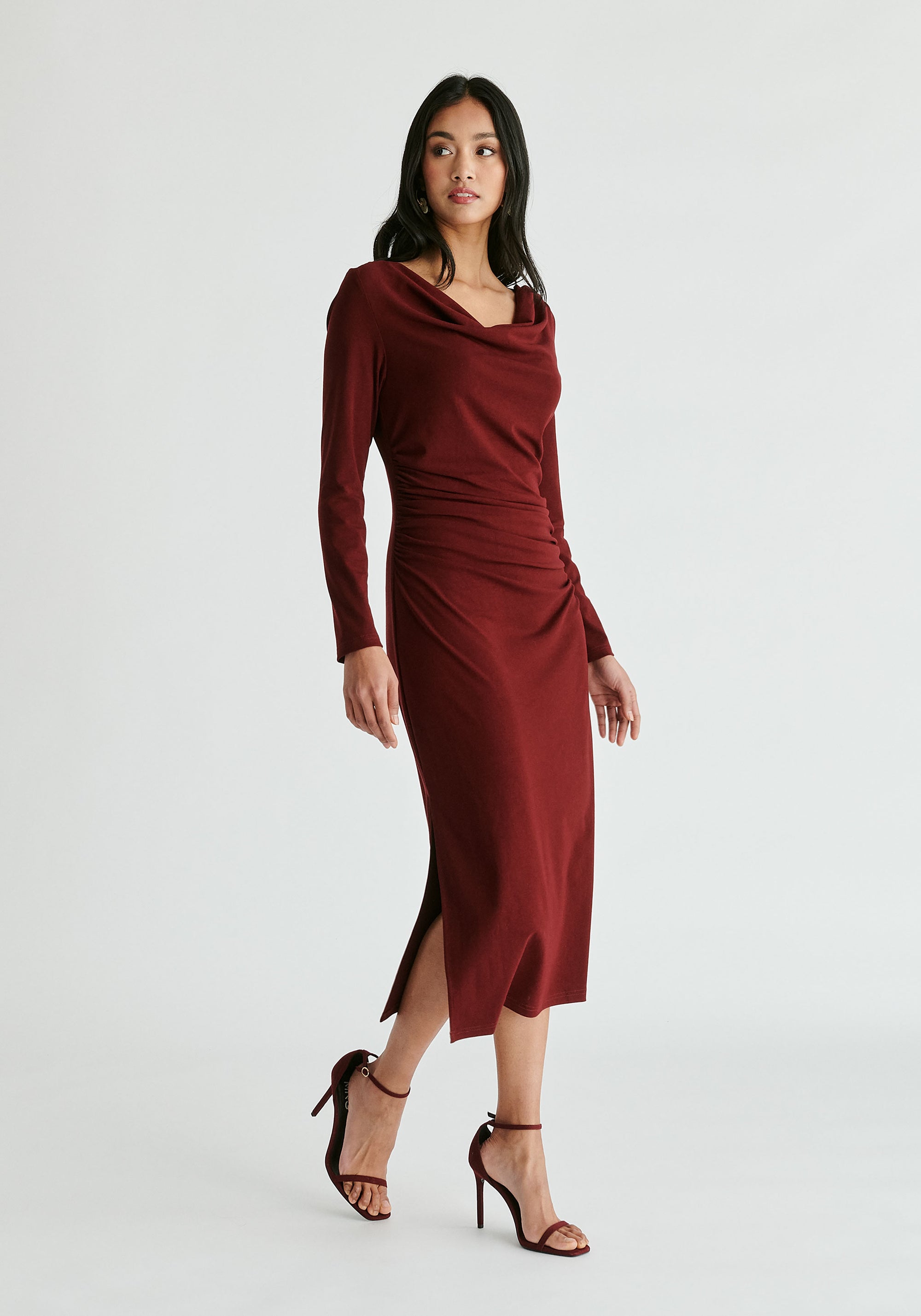 Ruched Jersey Dress with Draped Neck in Burgundy Side