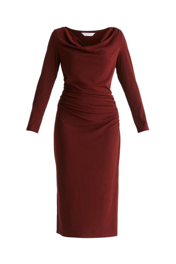 Ruched Jersey Dress with Draped Neck in Burgundy Cutout