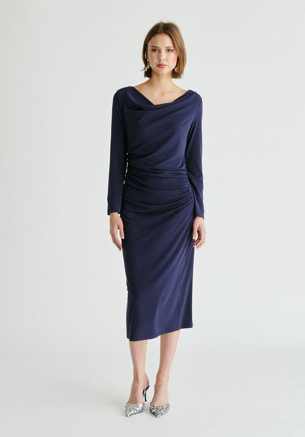 Ruched Jersey Dress with Draped Neck in Navy