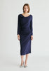 Ruched Jersey Dress with Draped Neck in Navy