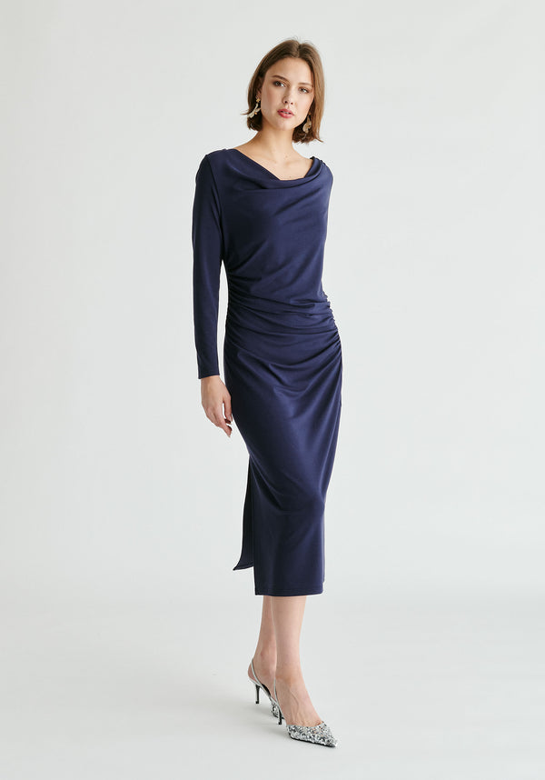 Ruched Jersey Dress with Draped Neck in Navy Side