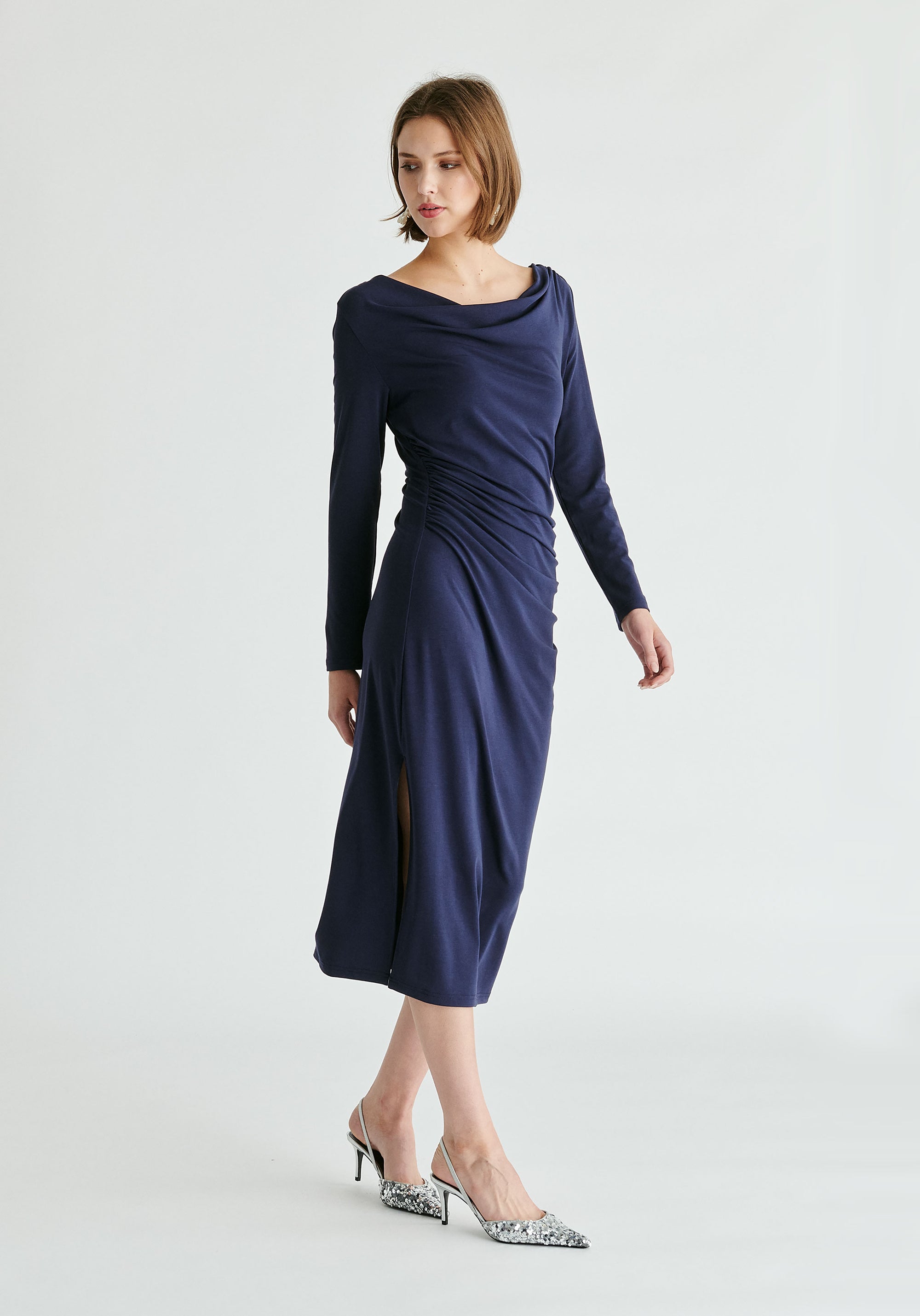 Ruched Jersey Dress with Draped Neck in Navy Side