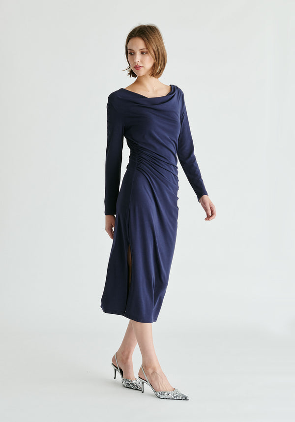 Ruched Jersey Dress with Draped Neck in Navy Side