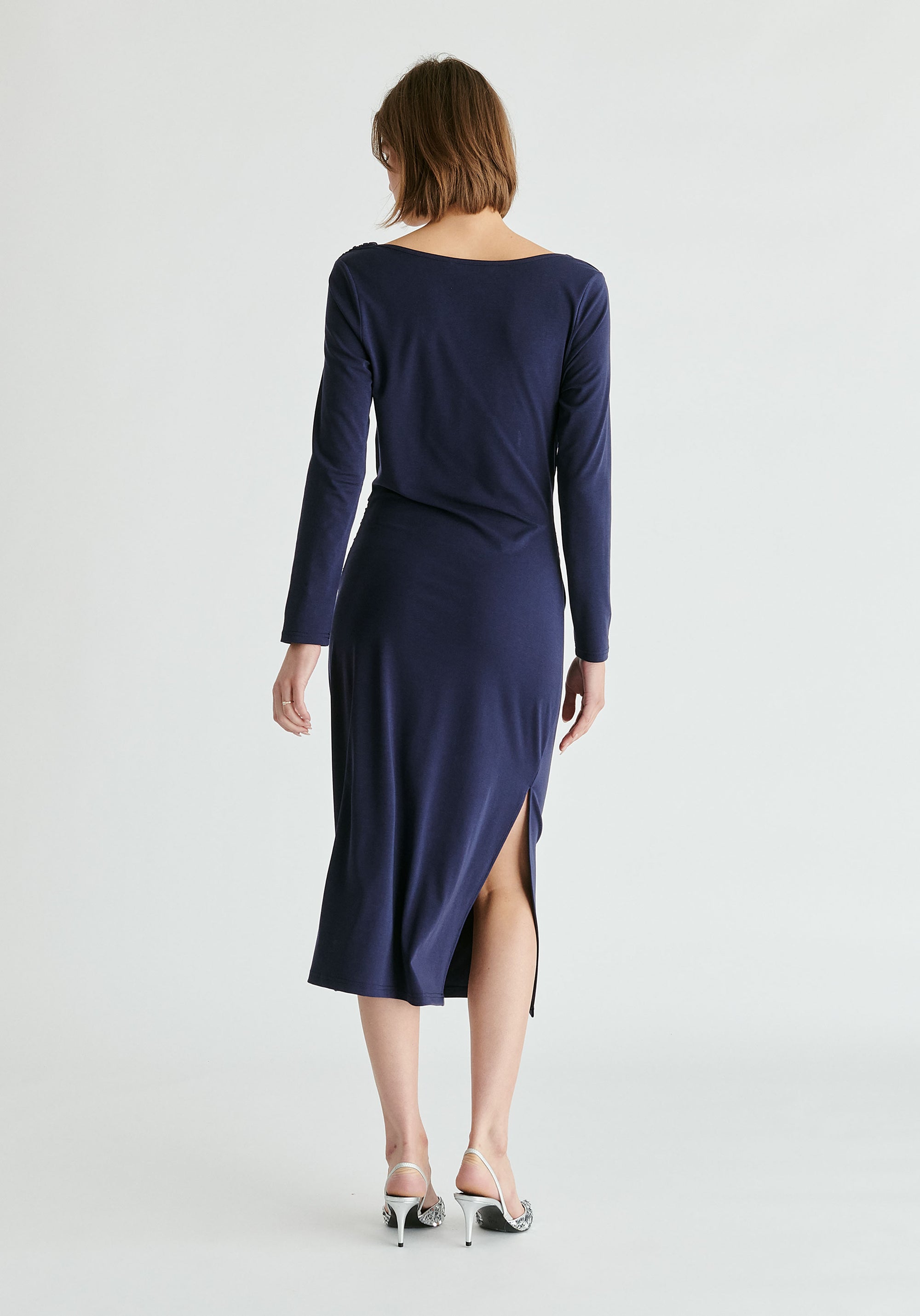 Ruched Jersey Dress with Draped Neck in Navy Back