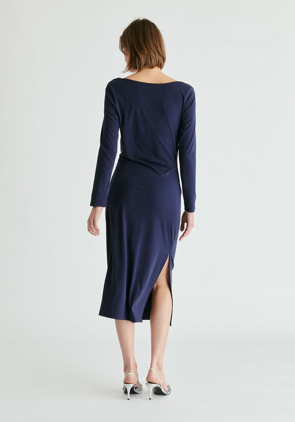Ruched Jersey Dress with Draped Neck in Navy Back