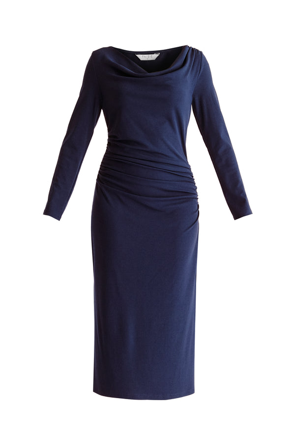 Ruched Jersey Dress with Draped Neck in Navy Cutout