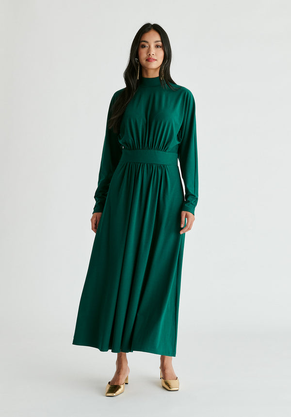 High Neck Jersey Midaxi Dress in Green Front