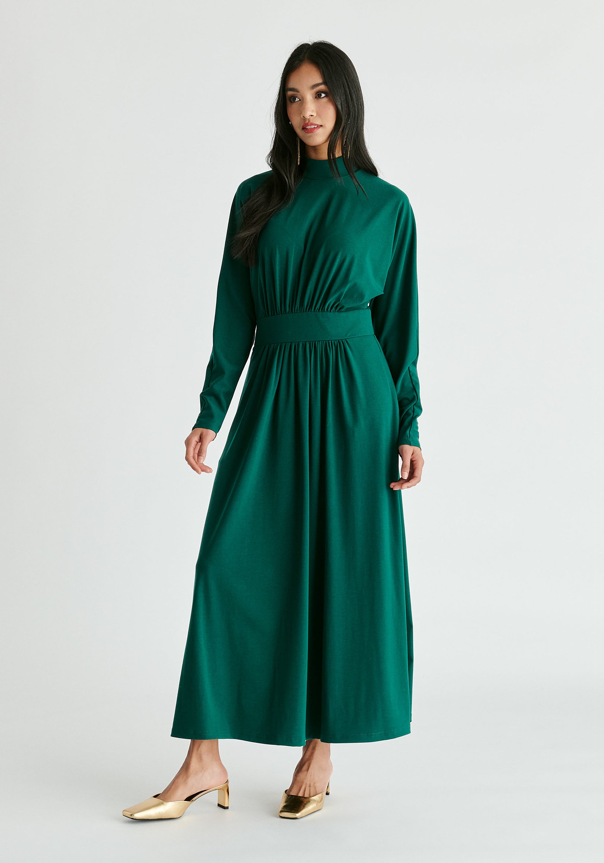 High Neck Jersey Midaxi Dress in Green Front