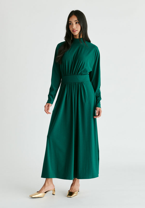 High Neck Jersey Midaxi Dress in Green Front
