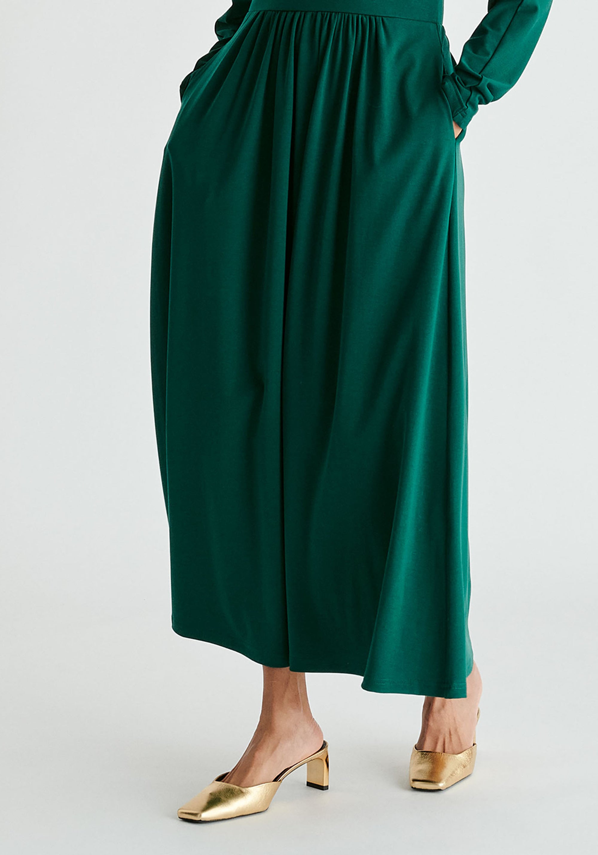 High Neck Jersey Midaxi Dress in Green Closeup