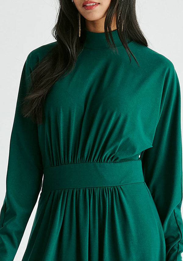 High Neck Jersey Midaxi Dress in Green Closeup