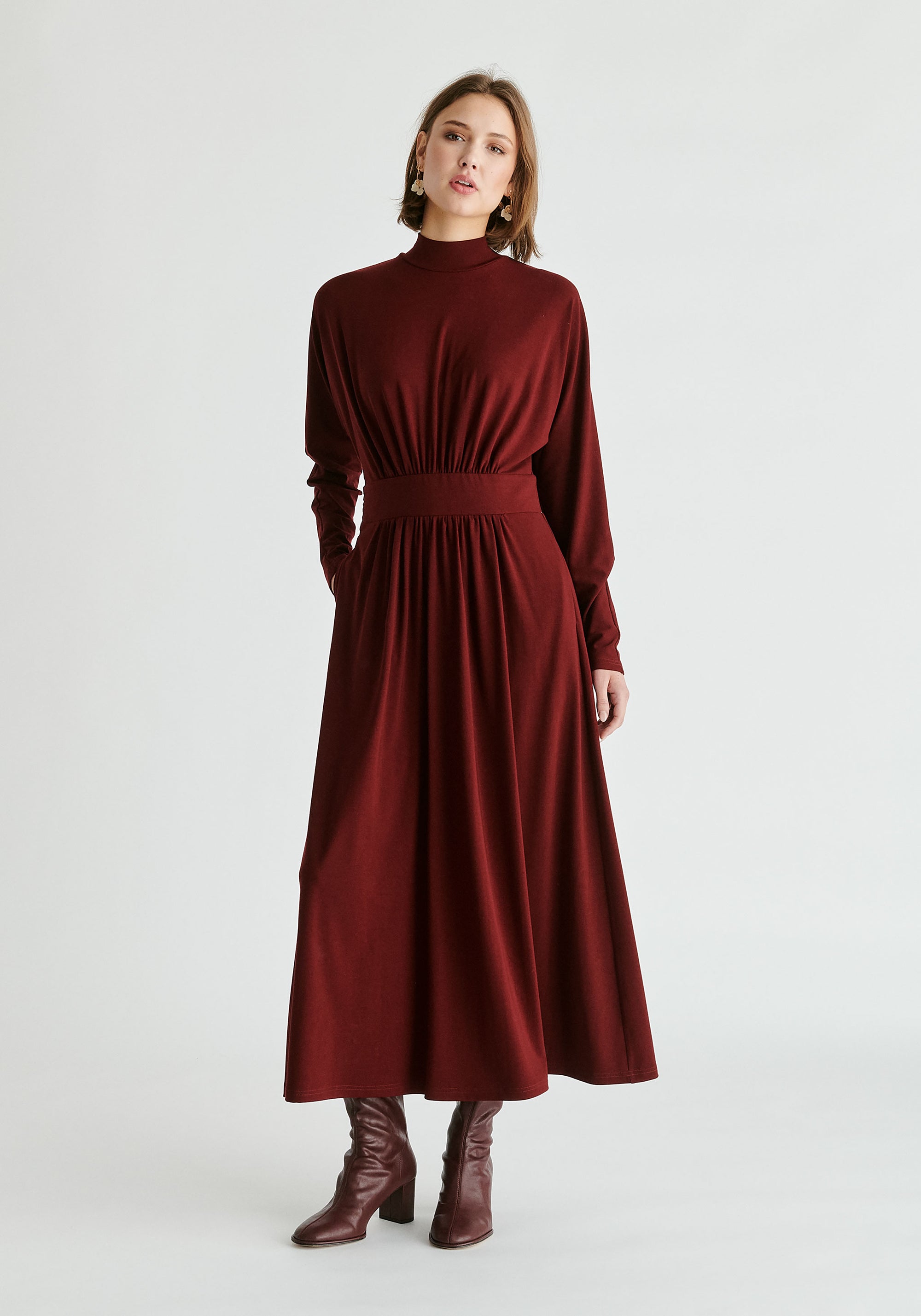 High Neck Jersey Midaxi Dress in Burgundy