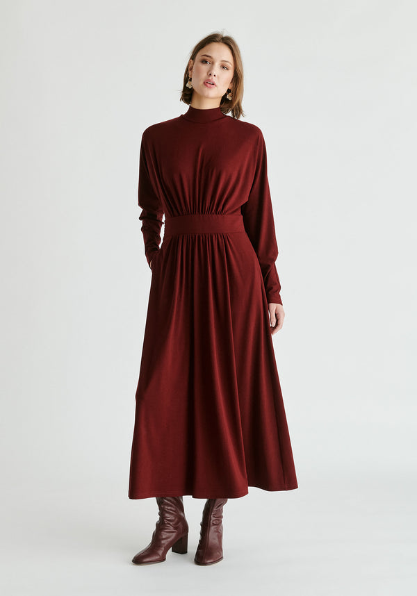 High Neck Jersey Midaxi Dress in Burgundy