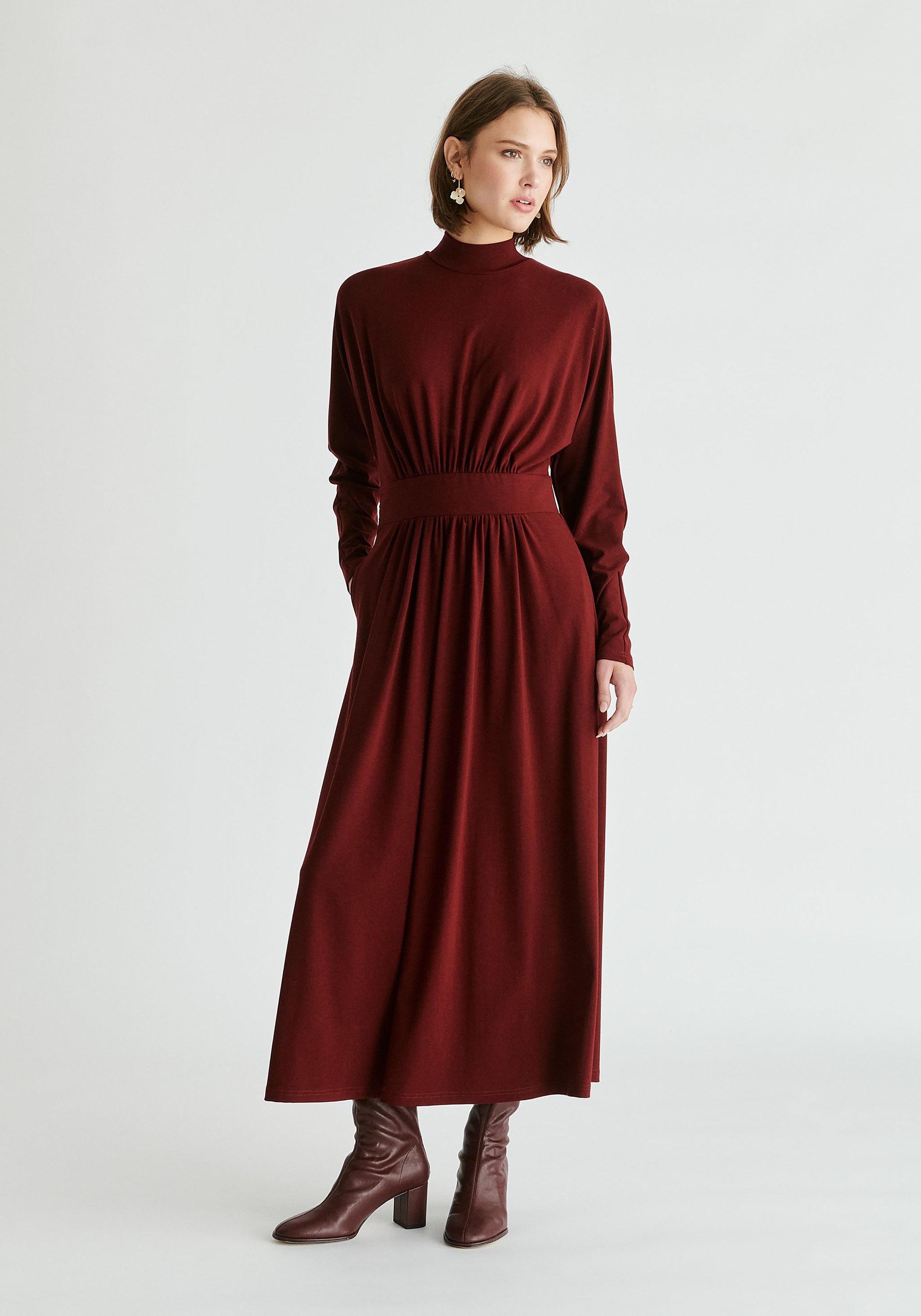High Neck Jersey Midaxi Dress in Burgundy Front