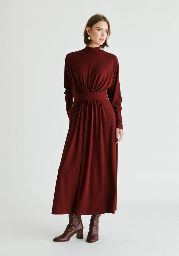 High Neck Jersey Midaxi Dress in Burgundy Front
