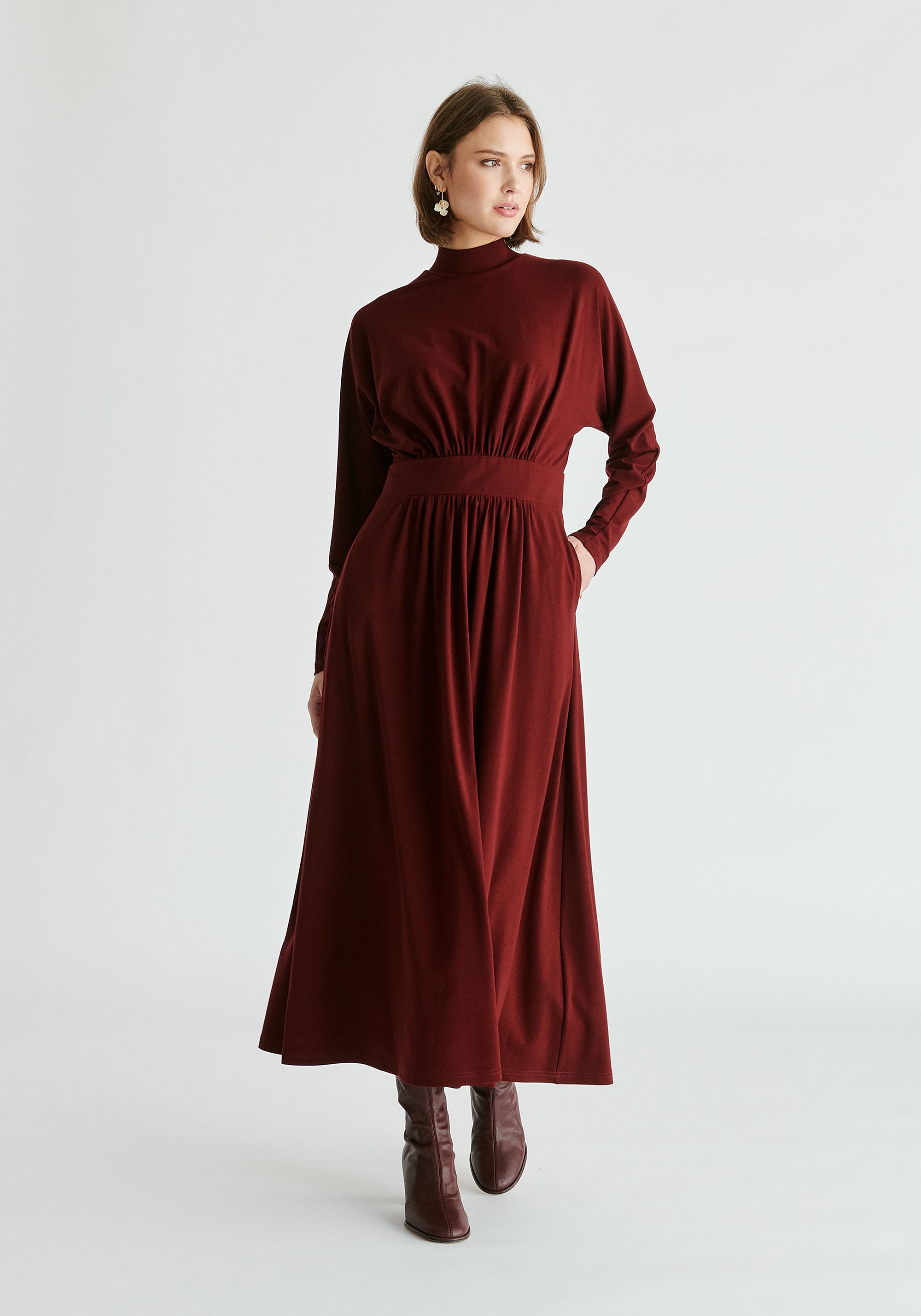 High Neck Jersey Midaxi Dress in Burgundy Front