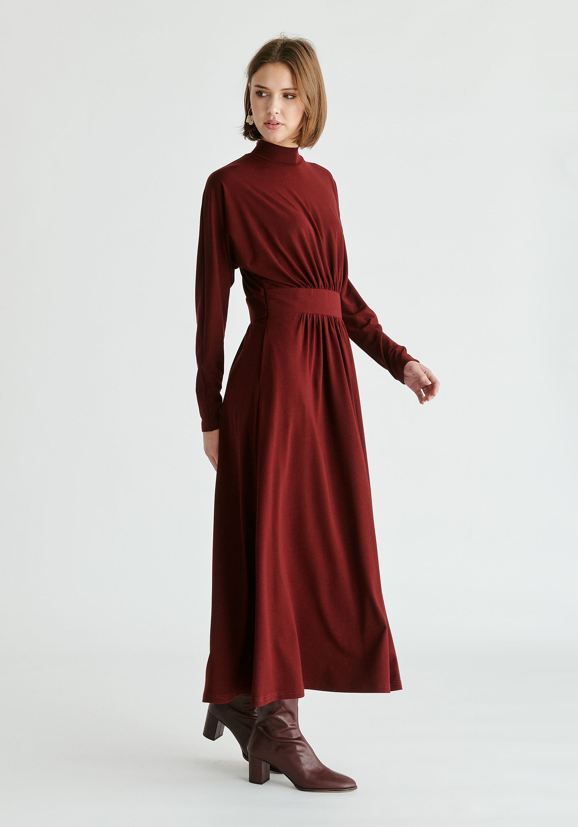 High Neck Jersey Midaxi Dress in Burgundy Side