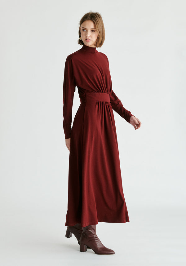 High Neck Jersey Midaxi Dress in Burgundy Side
