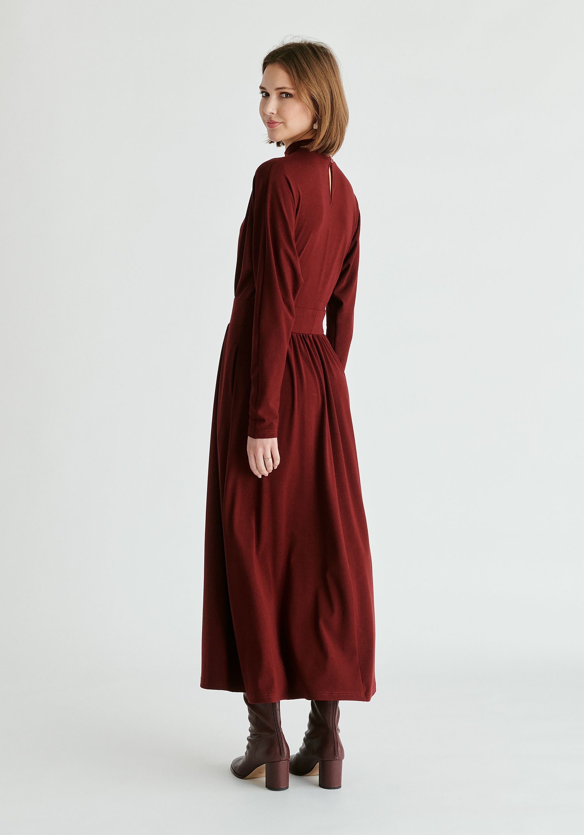 High Neck Jersey Midaxi Dress in Burgundy Back