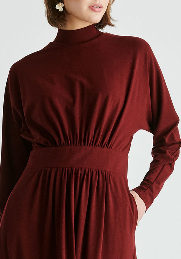 High Neck Jersey Midaxi Dress in Burgundy Closeup