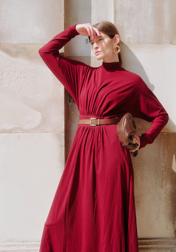 High Neck Jersey Midaxi Dress in Burgundy Photoshoot