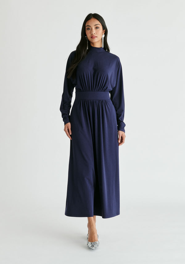 High Neck Jersey Midaxi Dress in Navy Front