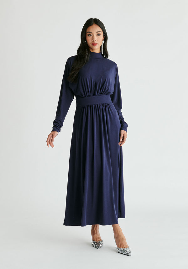 High Neck Jersey Midaxi Dress in Navy Front