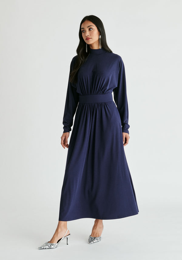 High Neck Jersey Midaxi Dress in Navy Front