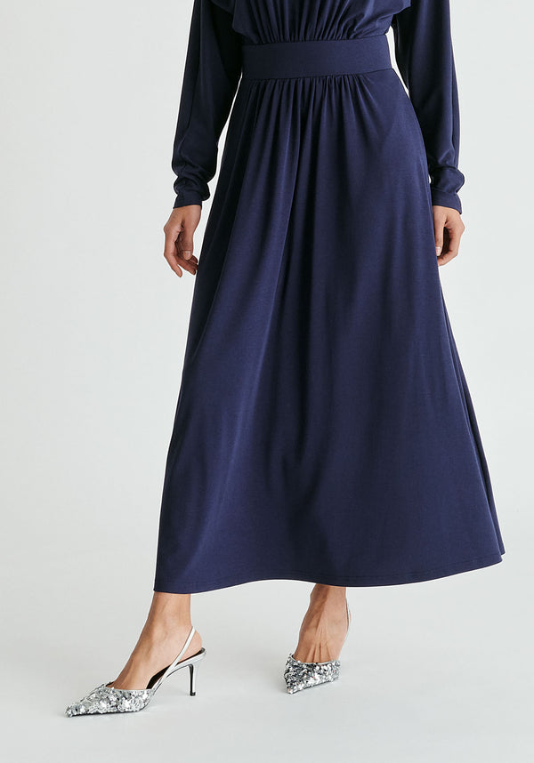 High Neck Jersey Midaxi Dress in Navy Closeup