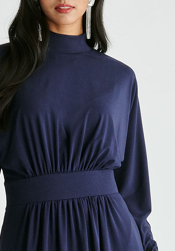 High Neck Jersey Midaxi Dress in Navy Closeup