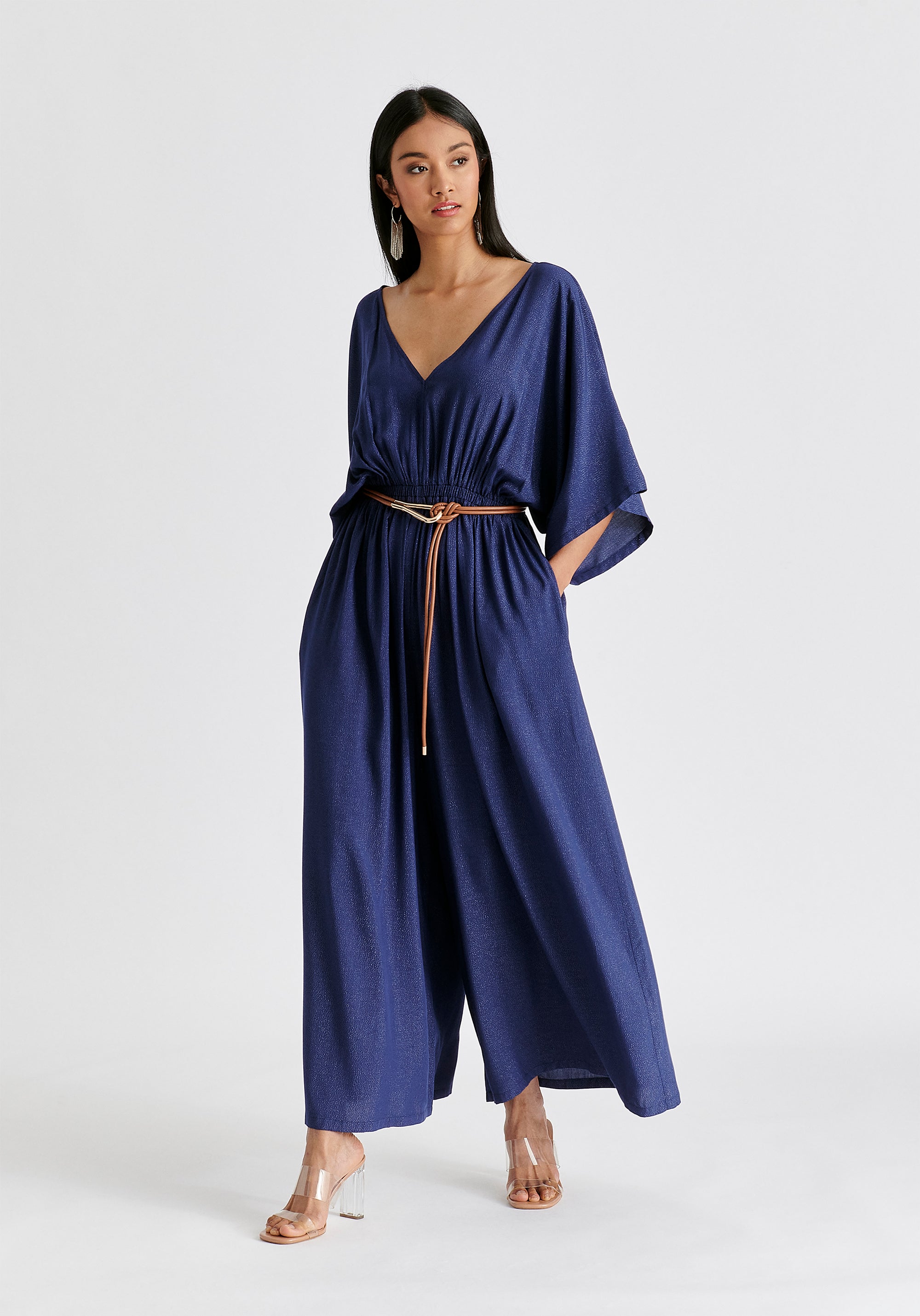 Sparkled Wide Leg Jumpsuit with Belt in Navy