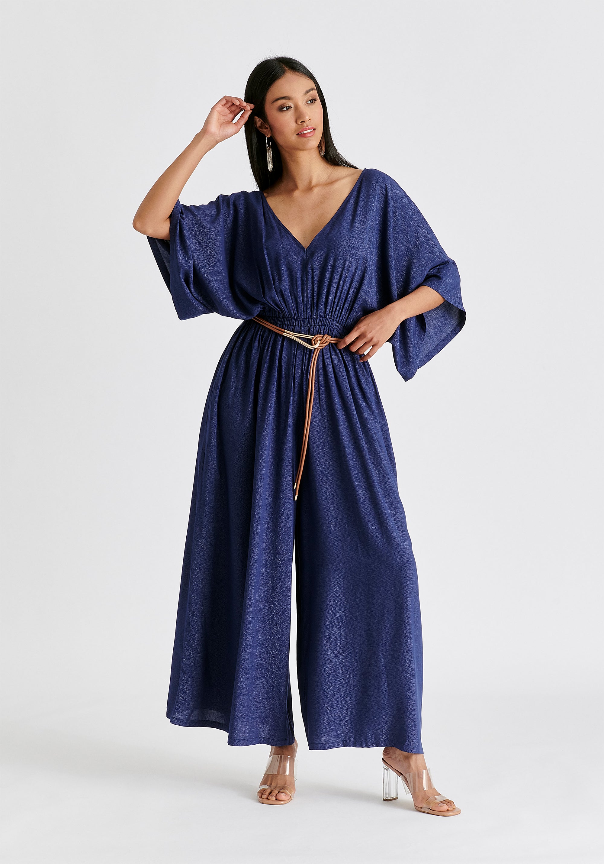 Sparkled Wide Leg Jumpsuit with Belt in Navy Front