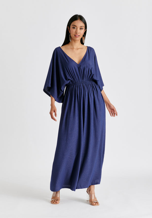 Sparkled Wide Leg Jumpsuit with Belt in Navy Front