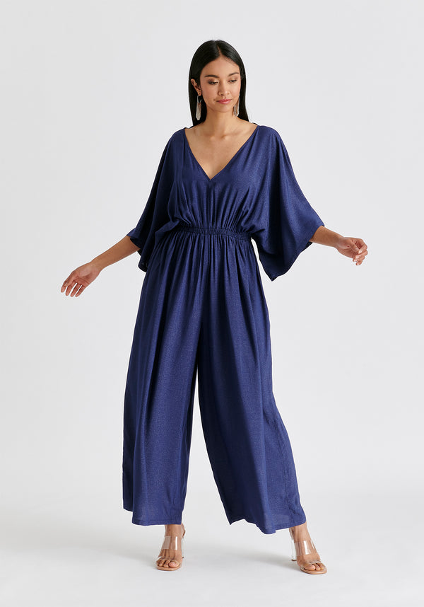 Sparkled Wide Leg Jumpsuit with Belt in Navy Front