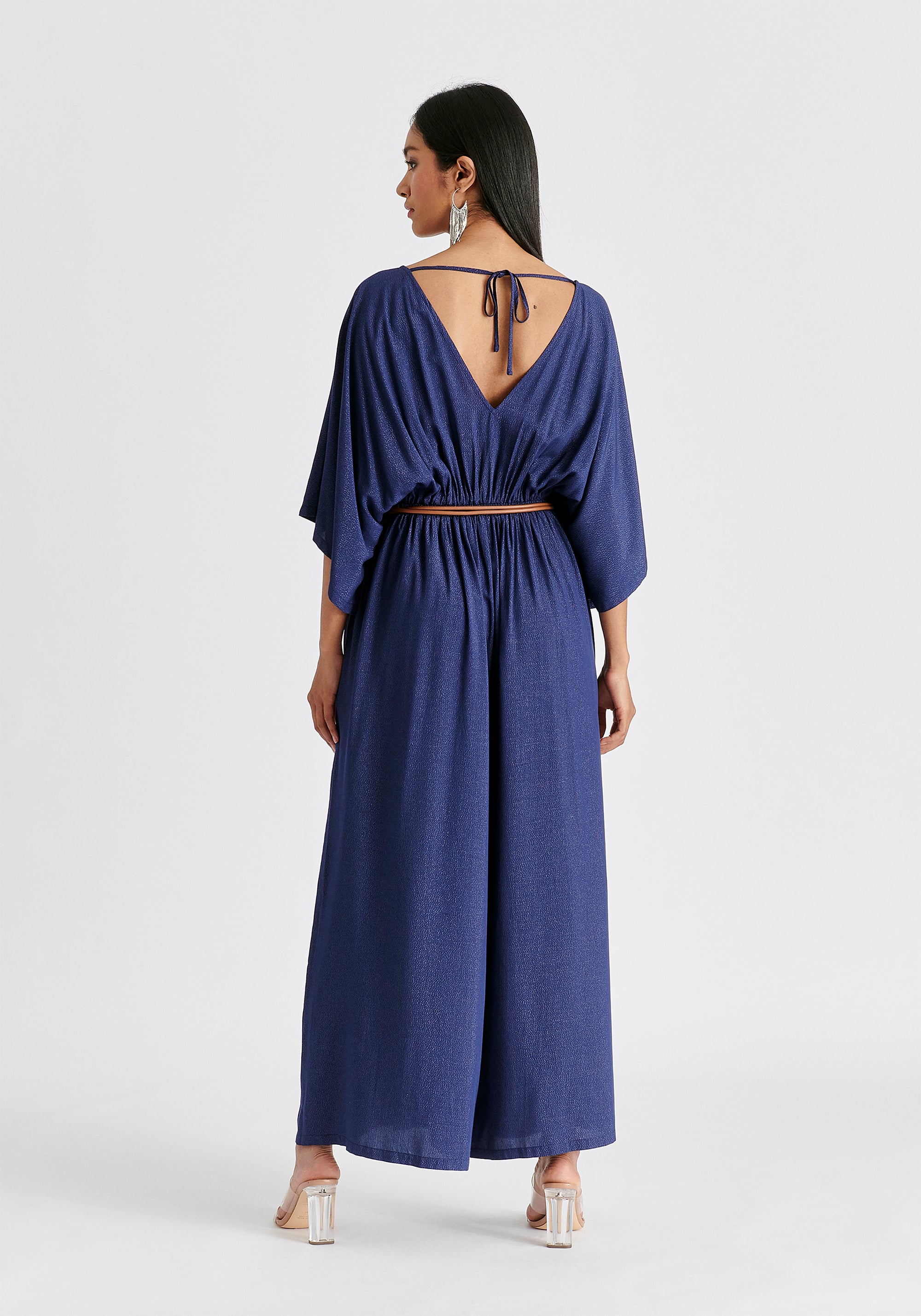 Sparkled Wide Leg Jumpsuit with Belt in Navy Back
