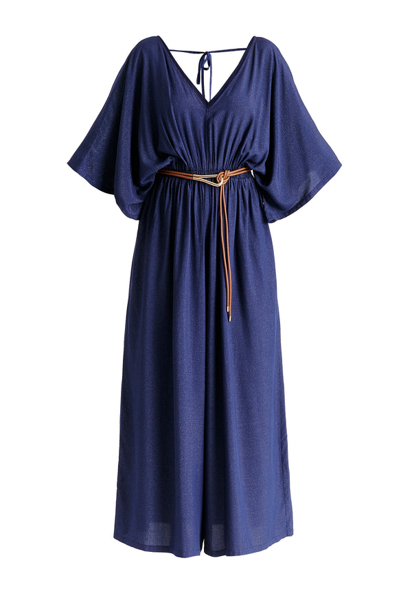 Sparkled Wide Leg Jumpsuit with Belt in Navy Cutout