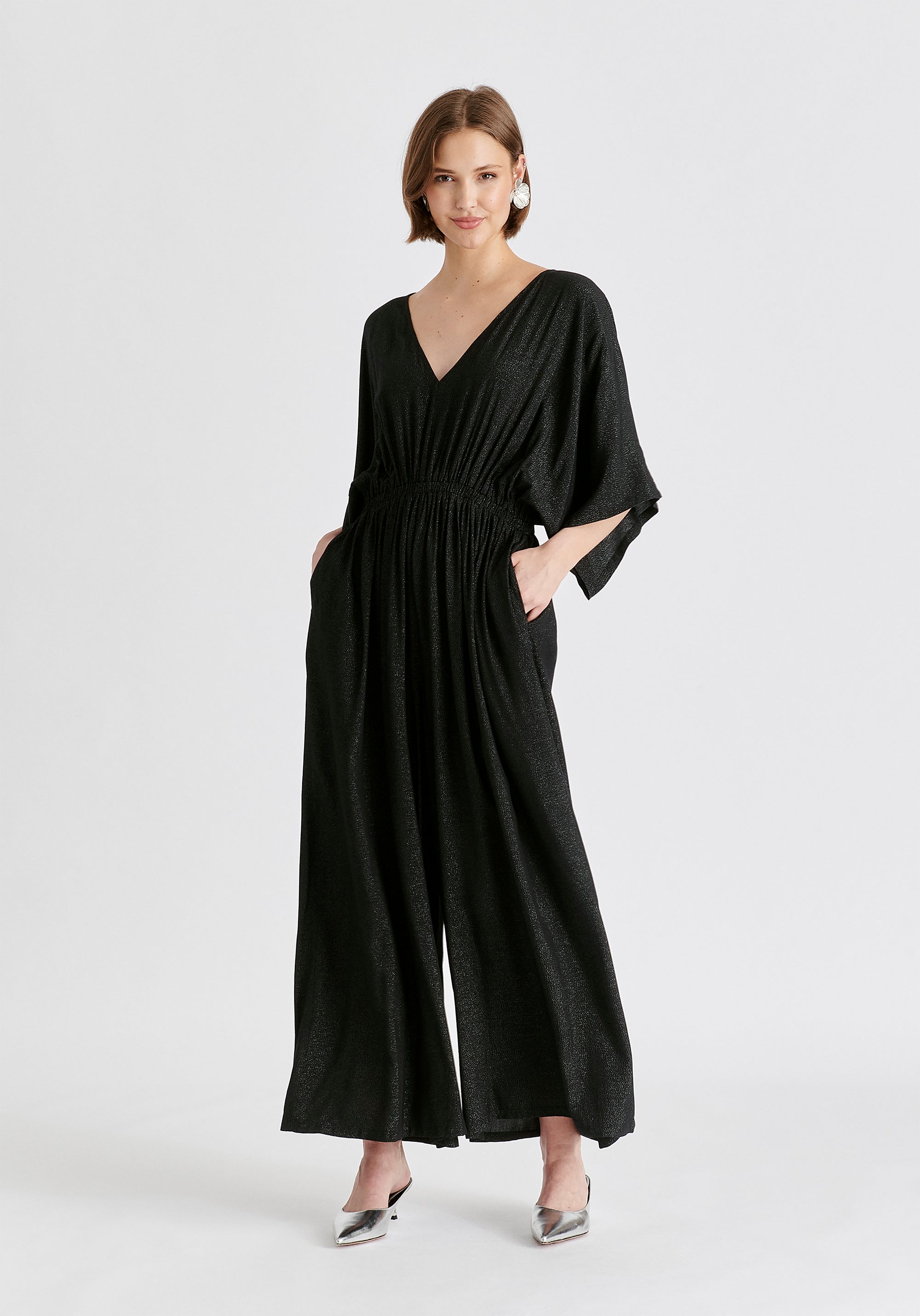 Sparkled Wide Leg Jumpsuit with Belt in Black