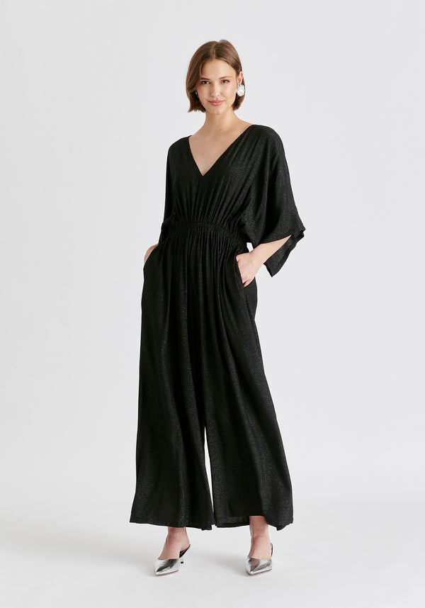 Sparkled Wide Leg Jumpsuit with Belt in Black