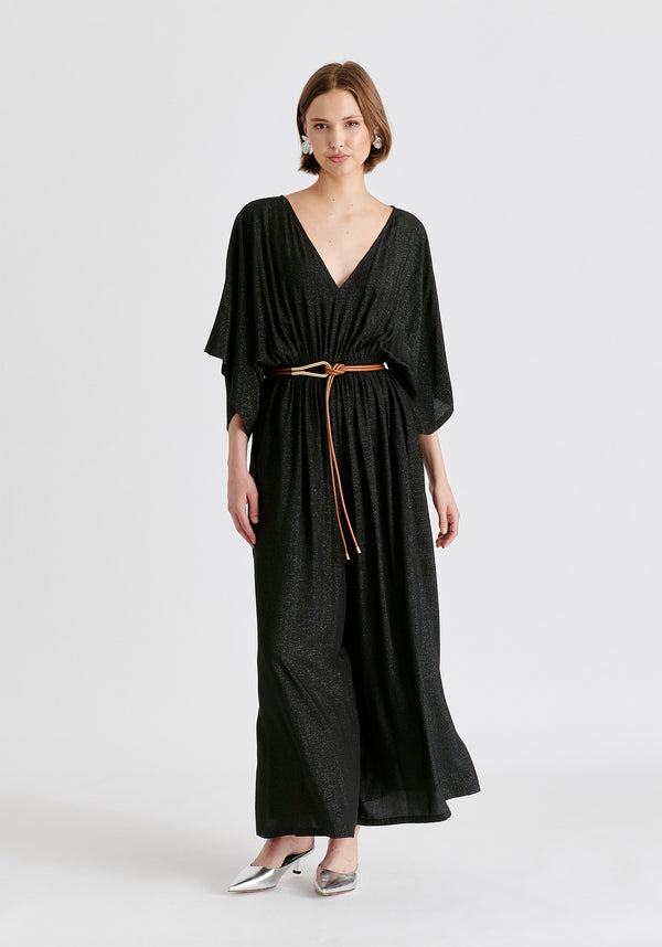 Sparkled Wide Leg Jumpsuit with Belt in Black Front