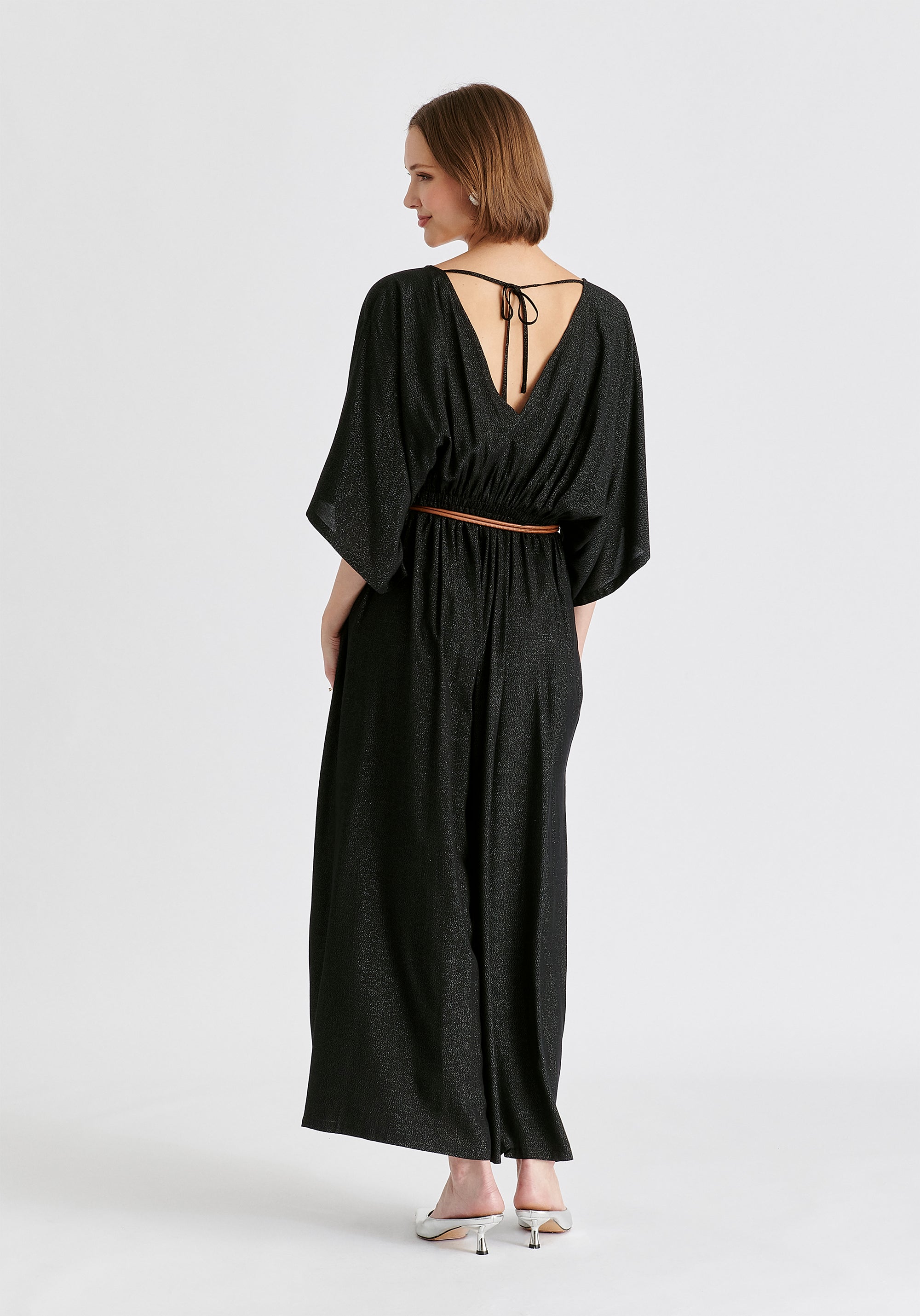 Sparkled Wide Leg Jumpsuit with Belt in Black Back