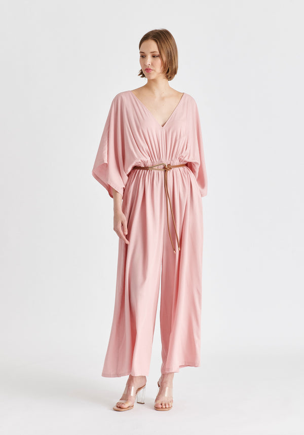 Sparkled Wide Leg Jumpsuit with Belt in Pink Front