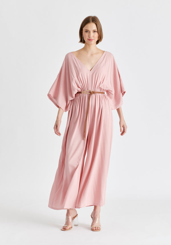 Sparkled Wide Leg Jumpsuit with Belt in Pink Front