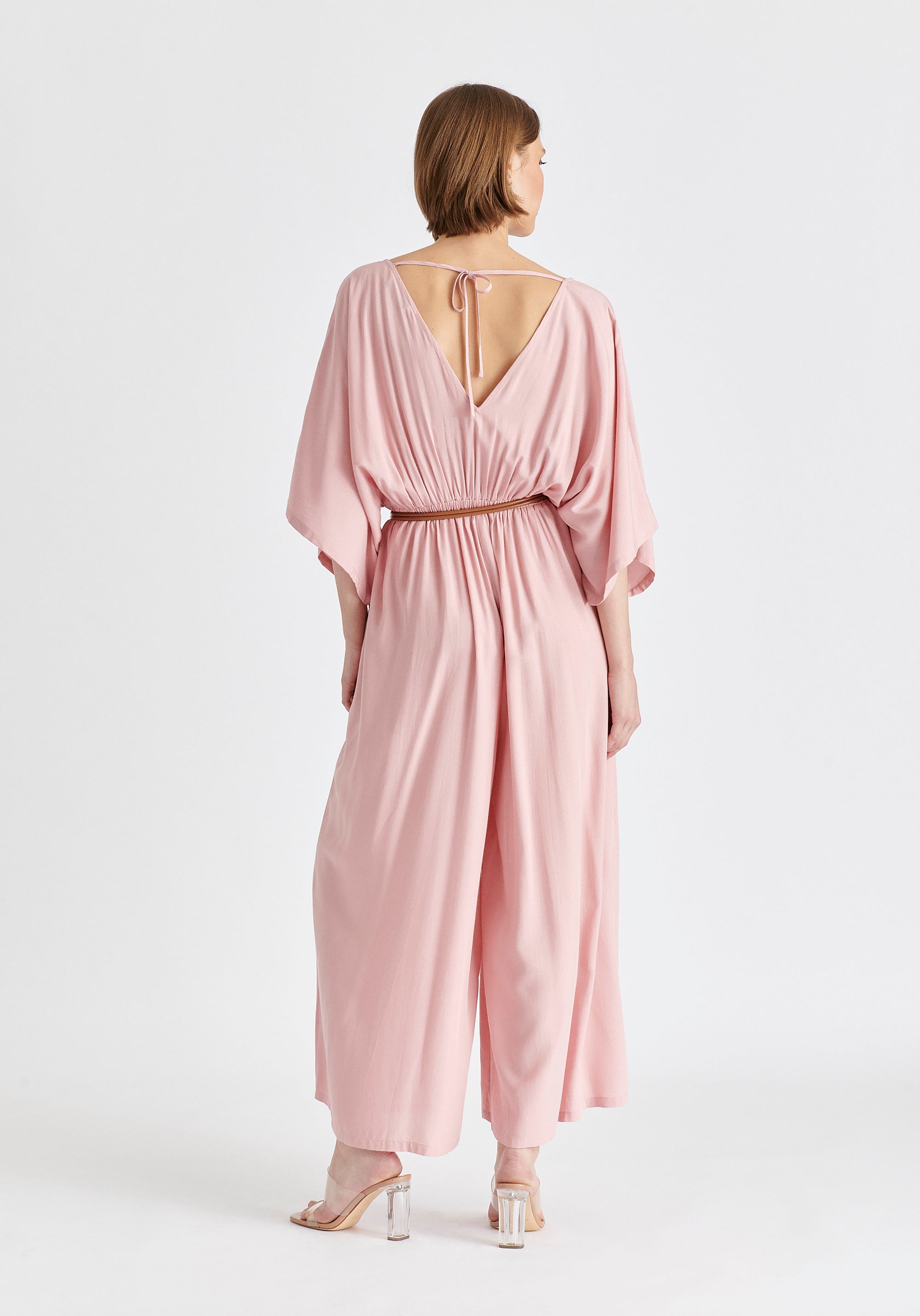 Sparkled Wide Leg Jumpsuit with Belt in Pink Back