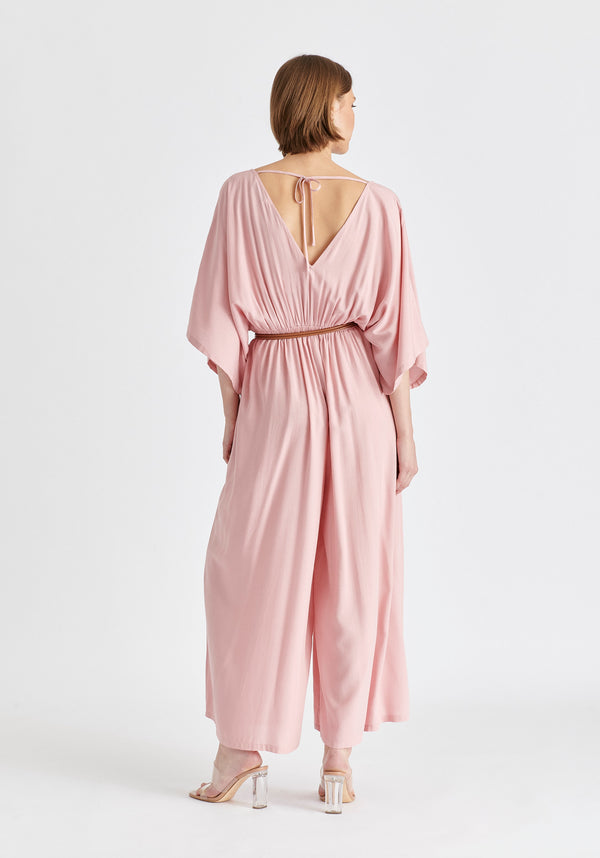 Sparkled Wide Leg Jumpsuit with Belt in Pink Back