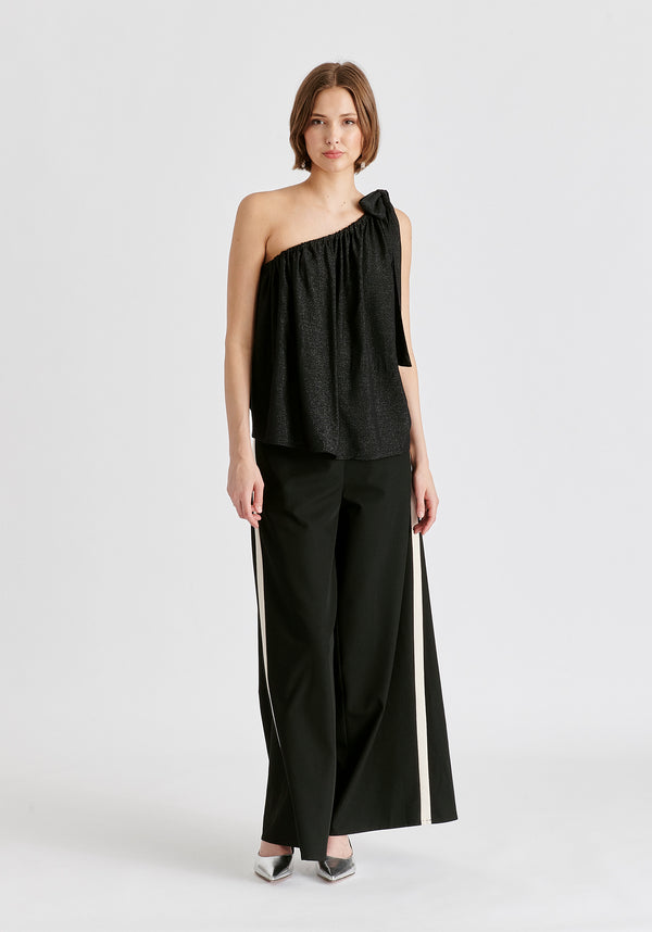 Sparkled One Shoulder Bow Top in Black Front