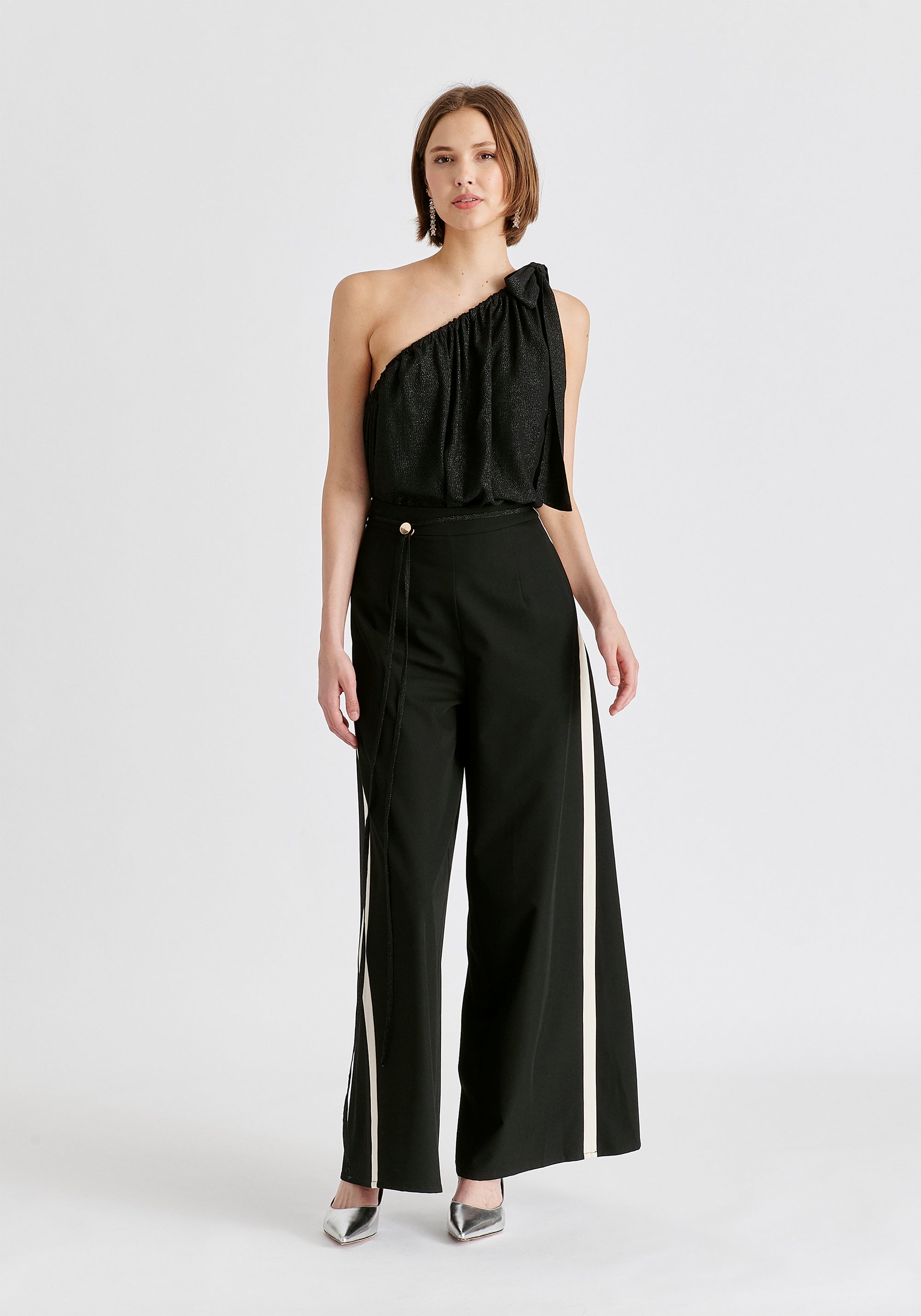 Sparkled One Shoulder Bow Top in Black Front