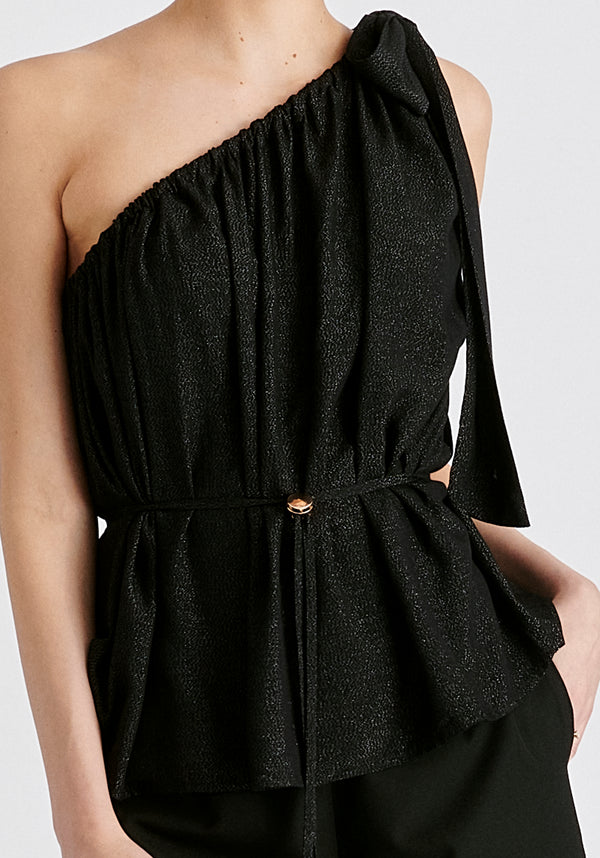 Sparkled One Shoulder Bow Top in Black Closeup
