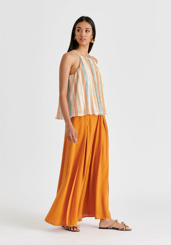 Halter Neck Plisse Top with Belt in White, Blue, Orange and Gold Side