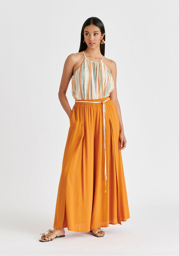 Halter Neck Plisse Top with Belt in White, Blue, Orange and Gold Front