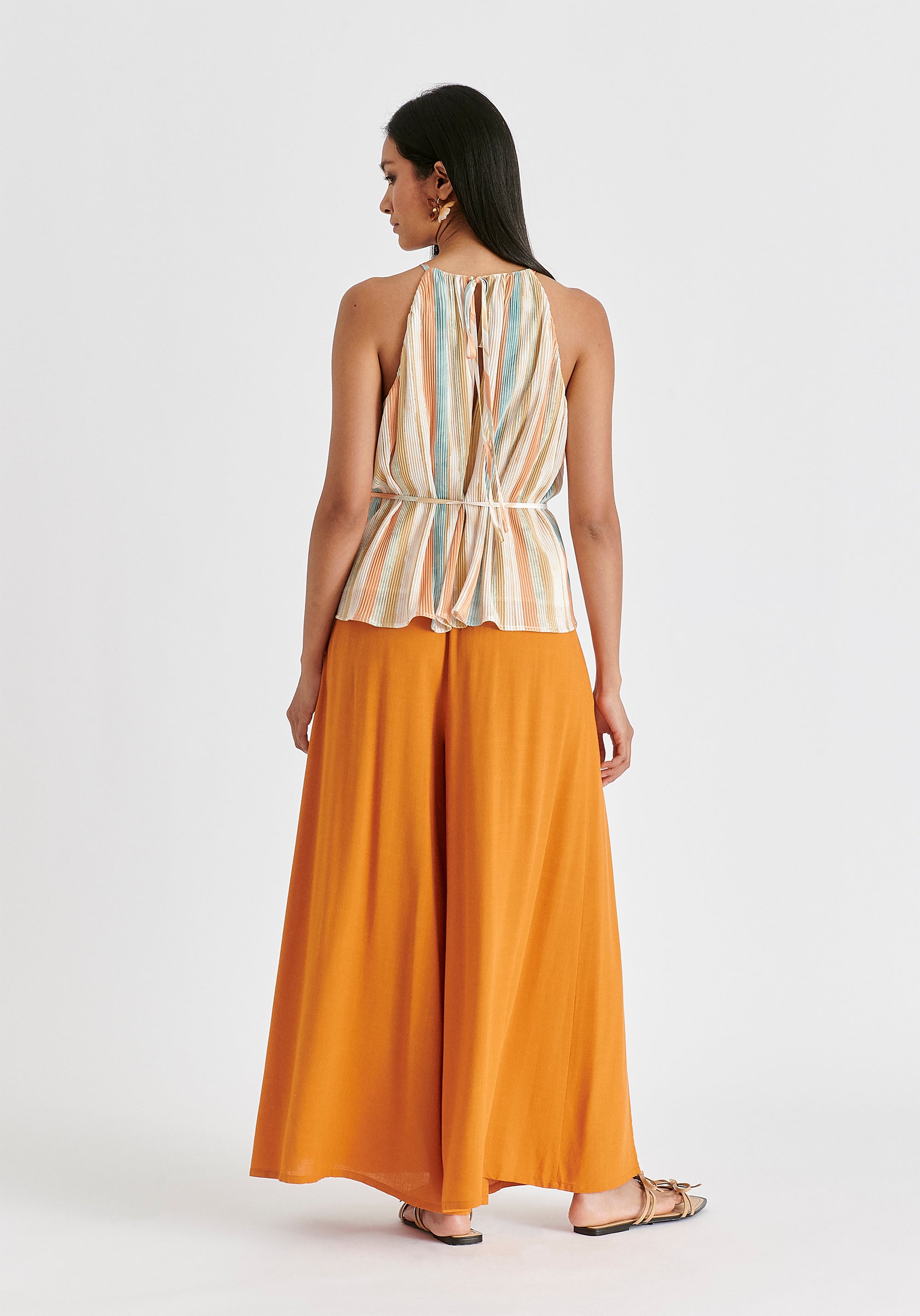 Halter Neck Plisse Top with Belt in White, Blue, Orange and Gold Back